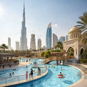 a pool with people in it and a city skyline in the background