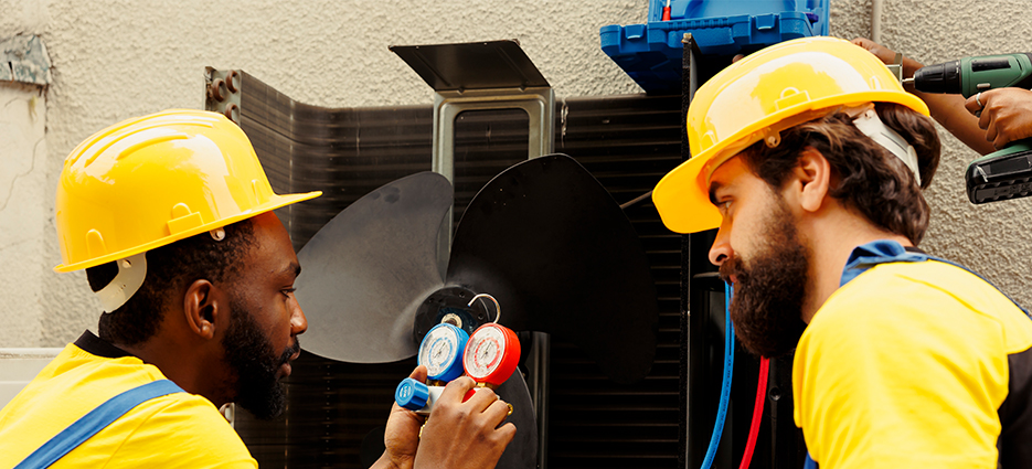 two professional workers working on ac service in Dubai